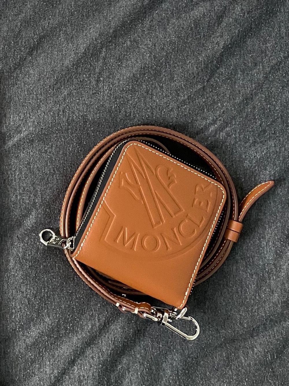 Moncler Brown Embossed Leather Zip Wallet with Strap